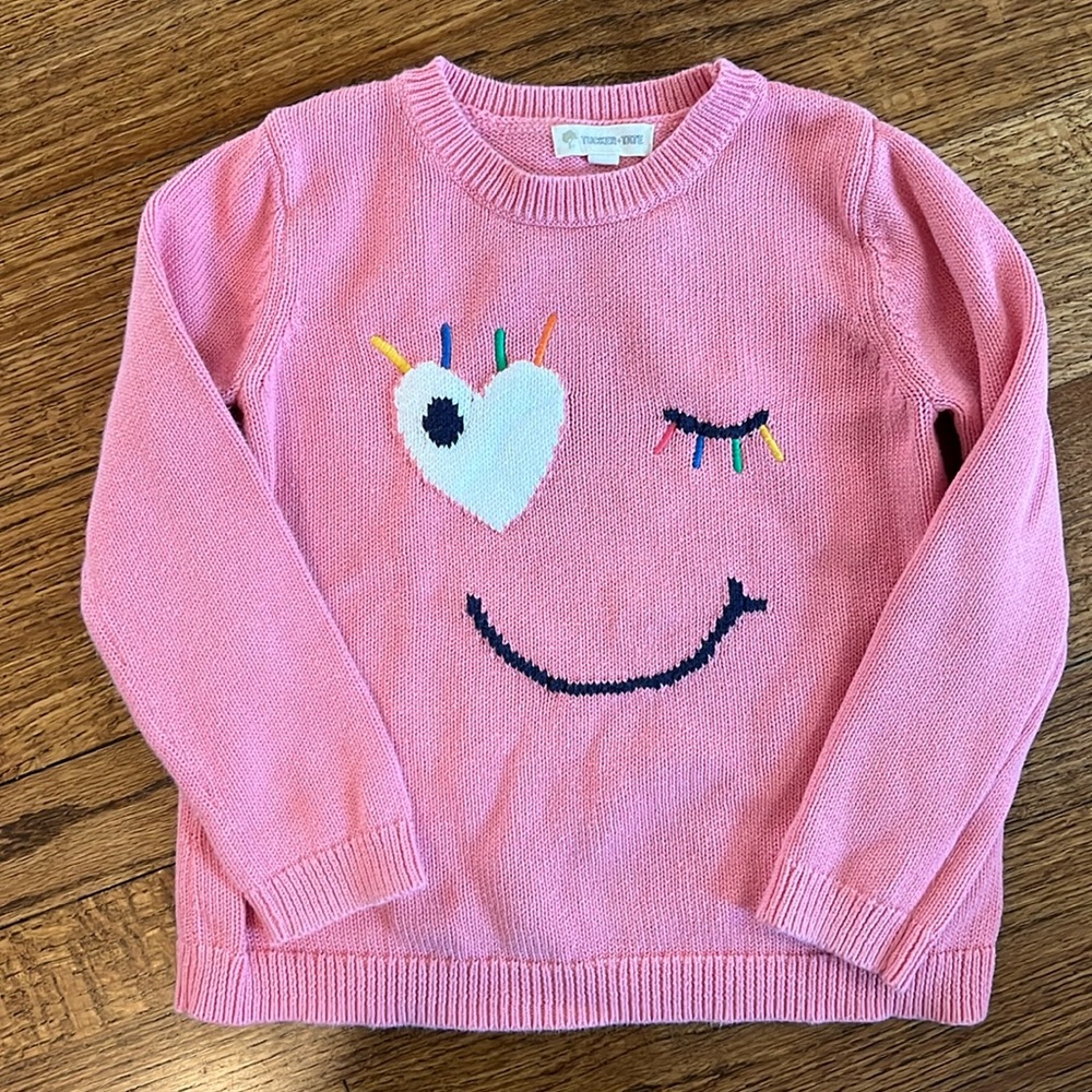 Tucker +Tate girls pink cotton sweater with adorable colorful smile on the chest